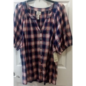 St. John's Bay Womens Button Front Shirt Sz Plus 2X Navy Plaid NWT Lightweight